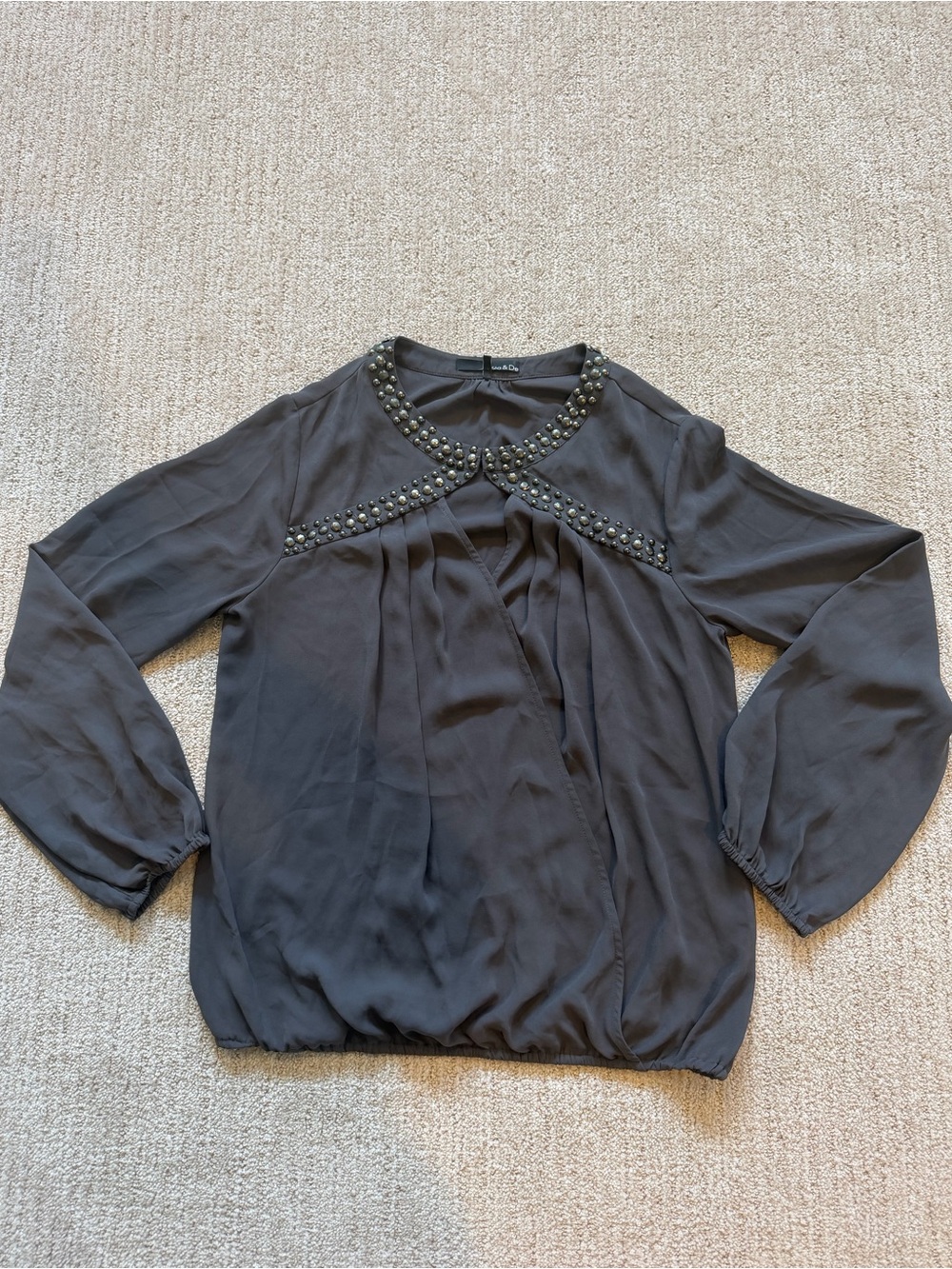 Ro & De Charcoal Studded Yoke Long-Sleeve Blouse